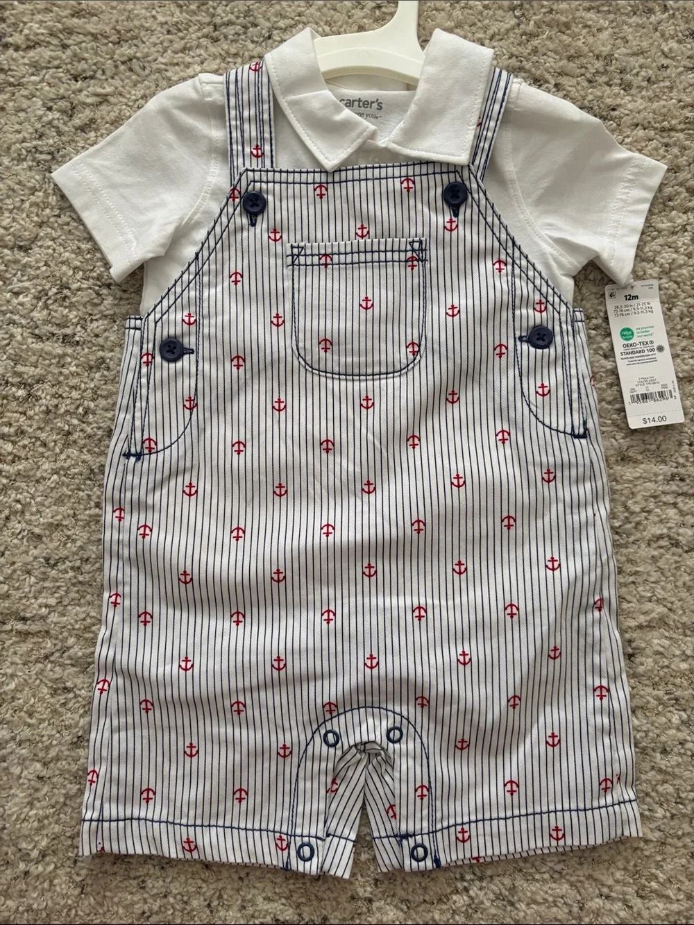 Carter's 12M White Polo Shortall with Navy Pinstripes and Red Anchors